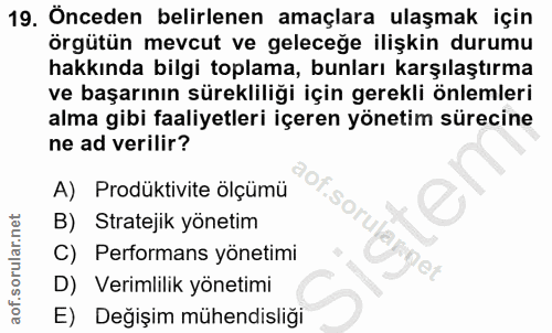 19. soru: Önceden belirlenen amaçlara ulaşmak için örgütün mevcut ve geleceğe ilişkin durumu hakkında bilgi toplama, bunları ka…
