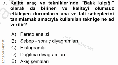 7. soru: Kalite araç ve tekniklerinde "Balık kılçığı" olarak da bilinen ve kaliteyi olumsuz etkileyen durumların ana ve tali s…
