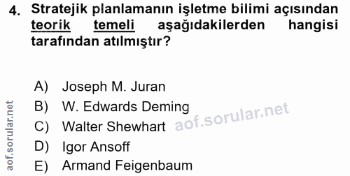 4. soru: Stratejik planlamanın işletme bilimi açısından teorik temeli aşağıdakilerden hangisi tarafından atılmıştır? A) Joseph…