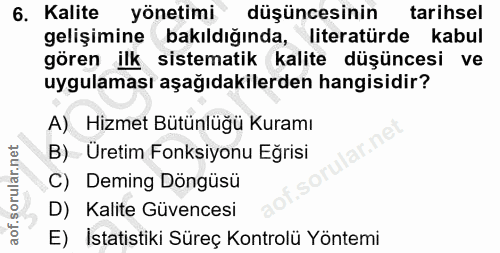 6. soru: Kalite yönetimi düşüncesinin tarihsel gelişimine bakıldığında, literatürde kabul gören ilk sistematik kalite düşünces…