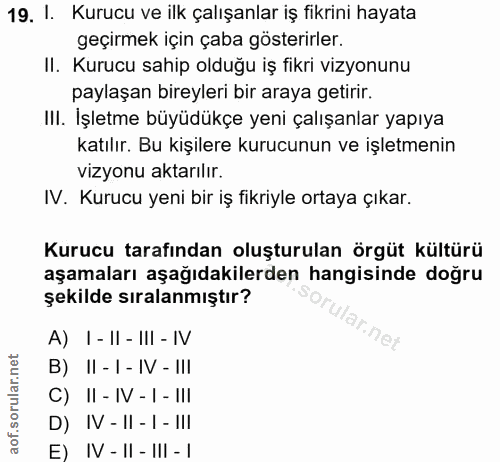 19. soru: 1. Kurucu ve ilk çalışanlar iş fikrini hayata geçirmek için çaba gösterirler. II. Kurucu sahip olduğu iş fikri vizyon…