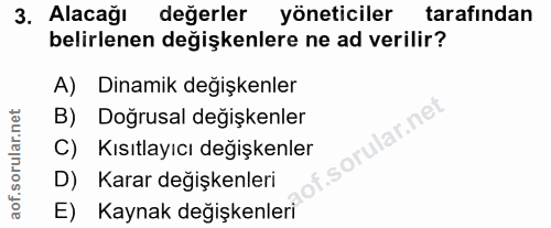 3. soru: Alacağı değerler yöneticiler tarafından belirlenen değişkenlere ne ad verilir? A) Dinamik değişkenler B) Doğrusal değ…