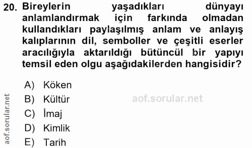 20. soru: Bireylerin yaşadıkları dünyayı anlamlandırmak için farkında kullandıkları paylaşılmış anlam ve anlayış kalıplarının d…