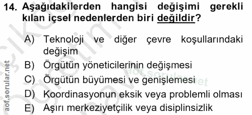 14. soru: Aşağıdakilerden hangisi değişimi gerekli kılan içsel nedenlerden biri değildir? A) Teknoloji ve diğer çevre koşulları…