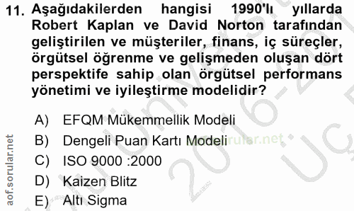 11. soru: Aşağıdakilerden hangisi 1990'lı yıllarda Robert Kaplan ve David Norton tarafından geliştirilen ve müşteriler, finans,…