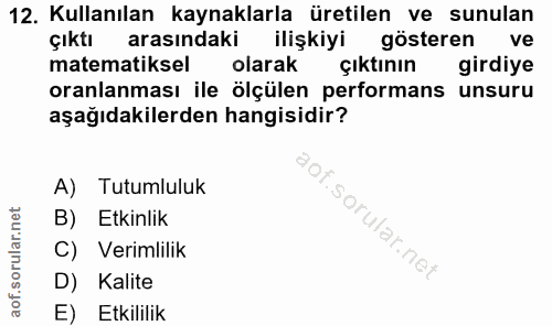 12. soru: Kullanılan kaynaklarla üretilen ve sunulan çıktı arasındaki ilişkiyi gösteren ve matematiksel olarak çıktının girdiye…