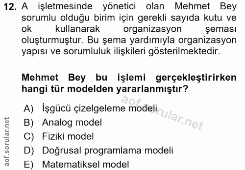 12. soru: A işletmesinde yönetici olan Mehmet Bey sorumlu olduğu birim için gerekli sayıda kutu ve kullanarak organizasyon şema…