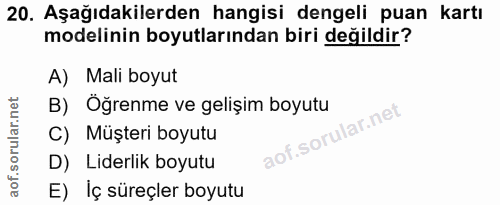 20. soru: Aşağıdakilerden hangisi dengeli puan kartı modelinin boyutlarından biri değildir? A) Mali boyut B) Öğrenme ve gelişim…