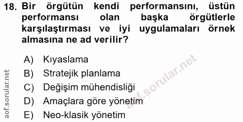 18. soru: Bir örgütün kendi performansını, üstün performansı olan başka örgütlerle karşılaştırması ve iyi uygulamaları örnek al…