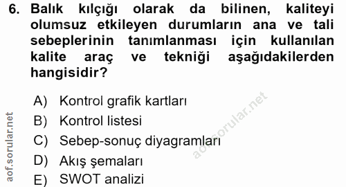 6. soru: Balık kılçığı olarak da bilinen, kaliteyi olumsuz etkileyen durumların ana ve tali sebeplerinin tanımlanması için kul…
