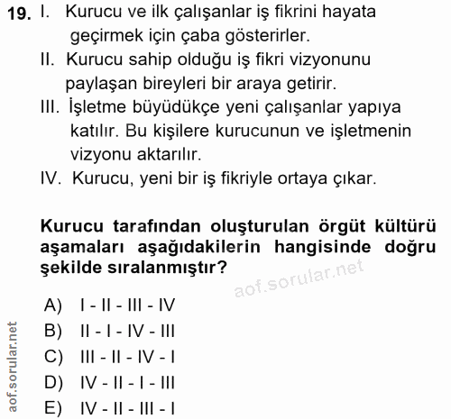 19. soru: I. Kurucu ve ilk çalışanlar iş fikrini hayata geçirmek için çaba gösterirler. II. Kurucu sahip olduğu iş fikri vizyon…