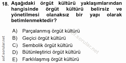 18. soru: Aşağıdaki örgüt kültürü yaklaşımlarından hangisinde örgüt kültürü belirsiz ve yönetilmesi olanaksız bir yapı olarak b…