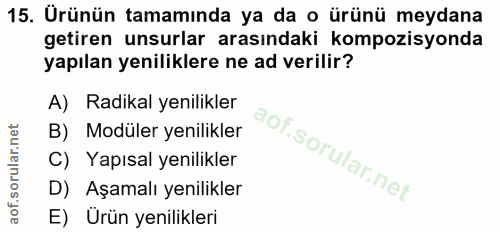 15. soru: Ürünün tamamında ya da o ürünü meydana getiren unsurlar arasındaki kompozisyonda yapılan yeniliklere ne ad verilir? A…
