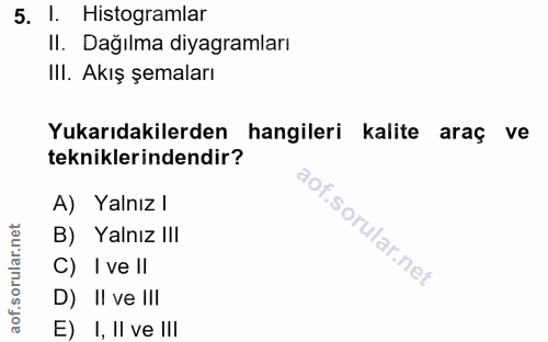 5. soru: I. Histogramlar Il. Dağılma diyagramları IlI. Akış şemaları Yukarıdakilerden hangileri kalite araç ve tekniklerindend…