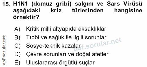 15. soru: H1N1 (domuz gribi) salgını ve Sars Virüsü aşağıdaki kriz türlerinden hangisine örnektir? A) Kritik milli altyapıda ak…