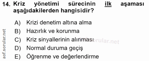 14. soru: Kriz yönetimi sürecinin ilk aşaması aşağıdakilerden hangisidir? A) Krizi denetim altına alma B) Hazırlık ve korunma C…