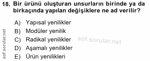 18. soru: Bir ürünü oluşturan unsurların birinde ya da birkaçında yapılan değişiklere ne ad verilir? A) Yapısal yenilikler B) M…
