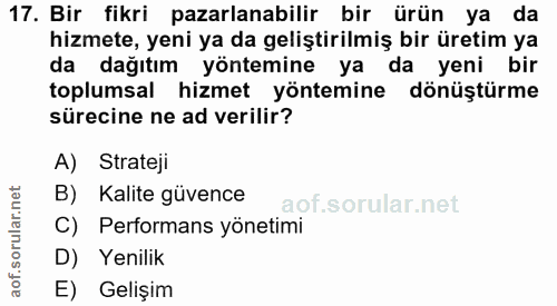 17. soru: Bir fikri pazarlanabilir bir ürün ya da hizmete, yeni ya da geliştirilmiş bir üretim ya da dağıtım yöntemine ya da ye…