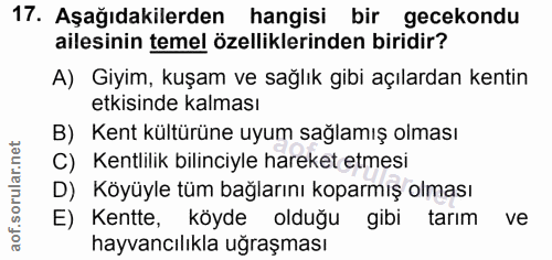 17. soru: Aşağıdakilerden hangisi bir gecekondu ailesinin temel özelliklerinden biridir? A) Giyim, kuşam ve sağlık gibi açılard…
