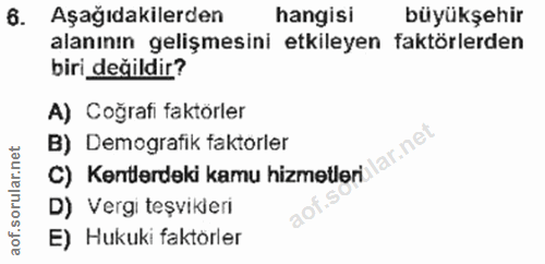6. soru: Aşağıdakilerden hangisi büyükşehir alanının gelişmesini etkileyen faktörlerden biri değildir? A) Coğrafi faktörler C)…