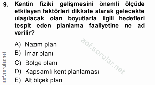 9. soru: Kentin fiziki gelişmesini önemli ölçüde etkileyen faktörleri dikkate alarak gelecekte ulaşılacak olan boyutlarla ilgi…