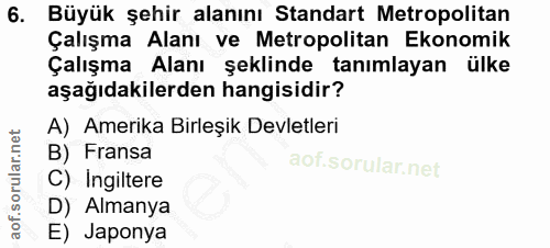 6. soru: Büyük şehir alanını Standart Metropolitan Çalışma Alanı ve Metropolitan Ekonomik Çalışma Alanı şeklinde tanımlayan ül…