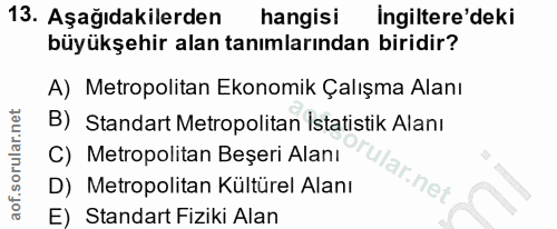 13. soru: Aşağıdakilerden hangisi Ingiltere'deki büyükşehir alan tanımlarından biridir? A) Metropolitan Ekonomik Çalışma Alanı…