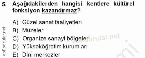 5. soru: Aşağıdakilerden hangisi kentlere kültürel fonksiyon kazandırmaz? A) Güzel sanat faaliyetleri B) Müzeler c) Organize s…