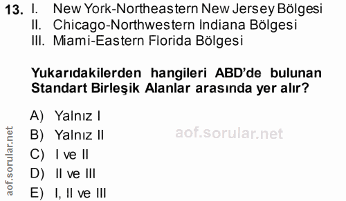 13. soru: I. New York-Northeastern New Jersey Bölgesi II. Chicago-Northwestern Indiana Bölgesi III. Miami-Eastern Florida Bölge…