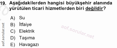 19. soru: Aşağıdakilerden hangisi büyükşehir alanında yürütülen ticari hizmetlerden biri değildir? A) Su B) Itfaiye C) Elektrik…