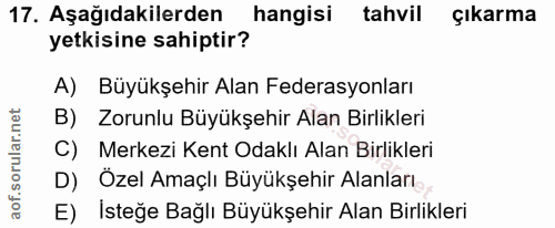 17. soru: Aşağıdakilerden hangisi tahvil çıkarma yetkisine sahiptir? A) Büyükşehir Alan Federasyonları B) Zorunlu Büyükşehir Al…