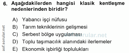6. soru: Aşağıdakilerden hangisi klasik kentleşme nedenlerinden biridir? A) Yabancı işçi nüfusu B) Tarım tekniklerinin gelişme…