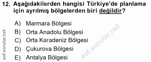 12. soru: Aşağıdakilerden hangisi Türkiye'de planlama için ayrılmış bölgelerden biri değildir? A) Marmara Bölgesi B) Orta Anado…