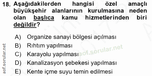 18. soru: Aşağıdakilerden hangisi özel amaçlı büyükşehir alanlarının kurulmasına neden olan başlıca kamu hizmetlerinden biri de…