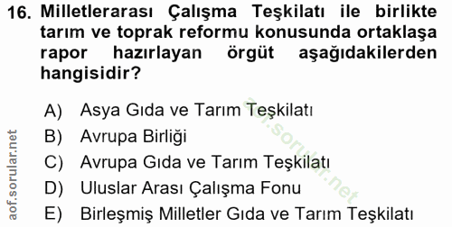 16. soru: Milletlerarası Çalışma Teşkilatı ile birlikte tarım ve toprak reformu konusunda ortaklaşa rapor hazırlayan örgüt aşağ…