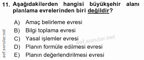 11. soru: Aşağıdakilerden hangisi büyükşehir alanı planlama evrelerinden biri değildir? A) Amaç belirleme evresi B) Bilgi topla…