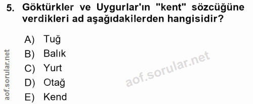 5. soru: Göktürkler ve Uygular'ın "kent" sözcüğüne verdikleri ad aşağıdakilerden hangisidir? A) Tug B) Balık C) Yurt D) Otağ E…