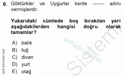 6. soru: Göktürkler ve Uygurlar kente adını vermişlerdir. Yukarıdaki cümlede boş birakılan yeri aşağıdakilerden hangisi doğru…