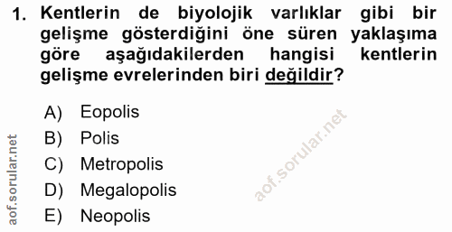1. soru: Kentlerin de biyolojik varlıklar gibi bir gelişme gösterdiğini öne süren yaklaşıma göre aşağıdakilerden hangisi kentl…