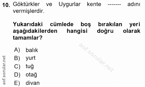 10. soru: Göktürkler ve Uygurlar kente adını vermişlerdir. Yukarıdaki cümlede boş bırakılan yeri aşağıdakilerden hangisi doğru…