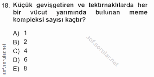18. soru: Küçük gevişgetiren ve tektırnaklılarda her bir vücut yarımında bulunan meme kompleksi sayısı kaçtır? A) 1 B) 2 C) 4 D…