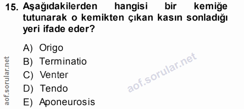 15. soru: Aşağıdakilerden hangisi bir kemiğe tutunarak o kemikten çıkan kasın sonladığı yeri ifade eder? A) Origo B) Terminatio…