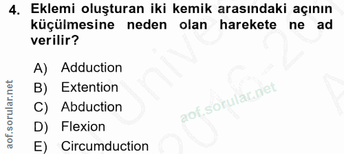 4. soru: Eklemi oluşturan iki kemik arasındaki açının küçülmesine neden olan harekete ne ad verilir? A) Adduction B) Extention…