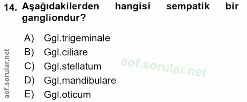 14. soru: Aşağıdakilerden hangisi sempatik bir gangliondur? A) Ggl.trigeminale B) Ggl.ciliare C) Ggl.stellatum D) Ggl.mandibula…