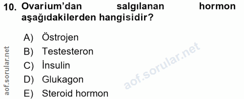 10. soru: Ovarium'dan salgılanan hormon aşağıdakilerden hangisidir? A) Östrojen B) Testesteron C) Insulin D) Glukagon E) Steroi…