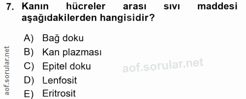 7. soru: Kanın hücreler arası SIVI maddesi aşağıdakilerden hangisidir? A) Bağ doku B) Kan plazması C) Epitel doku D) Lenfosit…