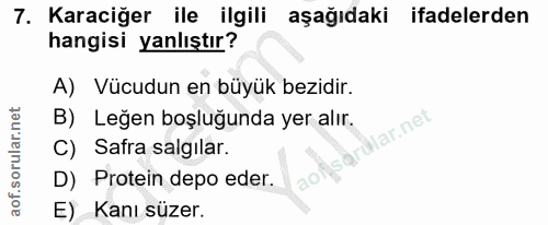 7. soru: Karaciğer ile ilgili aşağıdaki ifadelerden hangisi yanlıştır? A) Vücudun en büyük bezidir. B) Leğen boşluğunda yer al…