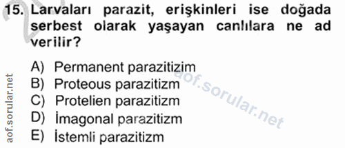 15. soru: Larvaları parazit, erişkinleri ise doğada serbest olarak yaşayan canlılara ne ad verilir? A) Permanent parazitizim B)…