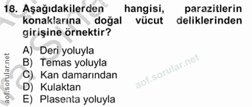 18. soru: Aşağıdakilerden hangisi, parazitlerin konaklarina doğal vücut deliklerinden girişine örnektir? A) Deri yoluyla B) Tem…