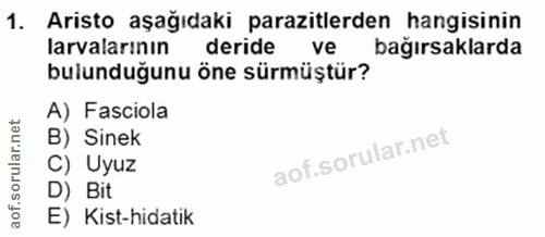 1. soru: Aristo aşağıdaki parazitlerden hangisinin larvalarının deride ve bağırsaklarda bulunduğunu öne sürmüştür? A) Fasciola…